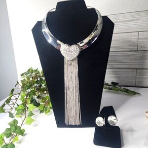 Statement Silver and Crystal Heart Choker Necklace Chain Tassel Earrings Set